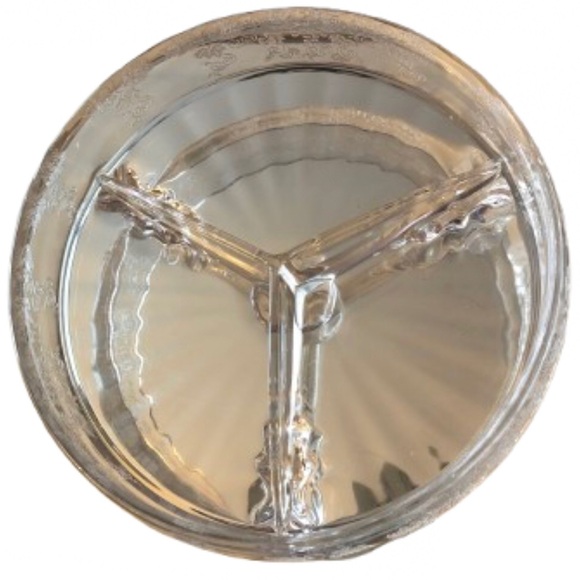 None Other - CLEAR ETCHED GLASS DIVIDED SERVING DISH • HEAVY • 7” ROUND •VINTAGE